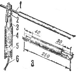 Suport pentru electrod: 1 - electrod, 2 - arc, 3 - conductă, 4 - furtun de cauciuc, 5 - șurub și piuliță M8, 6 - cablu