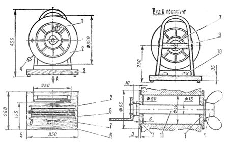 Cablu extensibil portabil: 1 - conector conector. 2 - tambur, 3 - bază, 4 - dop, 5 mâner, piuliță cu 6 aripi, 7 - șaibă, 8 fire, 9 - suport, 10 - șurub și piuliță M6, 11 axe.