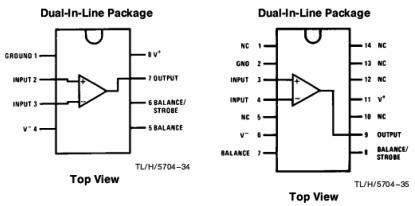 Pinout (pinout) al comparatorului LM311, realizat în diferite cazuri