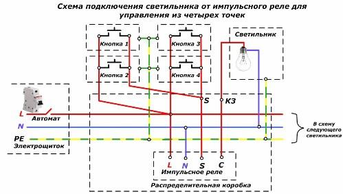 Schema de conectare a luminilor dintr-un releu de impuls