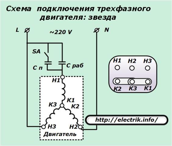 Schema de cablare a motorului cu trei faze