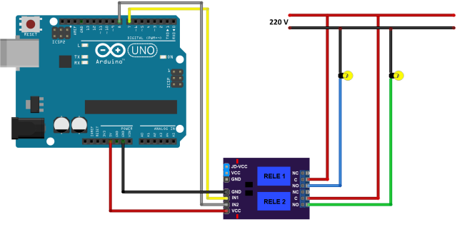 Schema de conectare a sarcinii de 220 V la Arduino prin releu