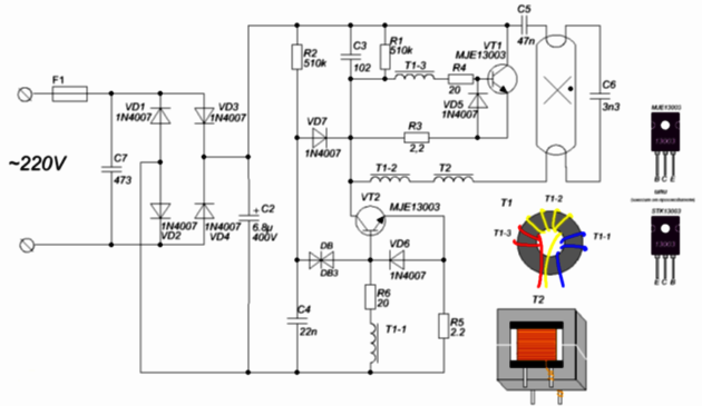 Circuitul electronic de balast al unei lămpi fluorescente