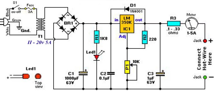 Schemă a sursei de alimentare cu stabilizator reglabil LM350